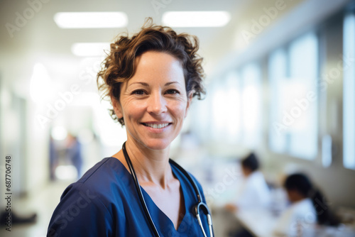 A smiling nurse with a stethoscope around her neck