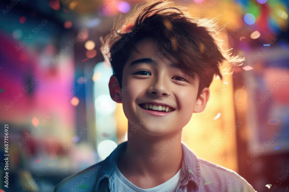 A young boy smiles with confetti falling around him A young boy smiles with confetti falling around him