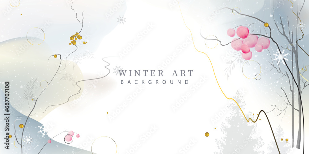Watercolor abstract winter art background with spruces, other trees, snowfall, branches with rowan (viburnum) berries in pastel colors. Vector drawing for banner, greeting card, invitation, covers.