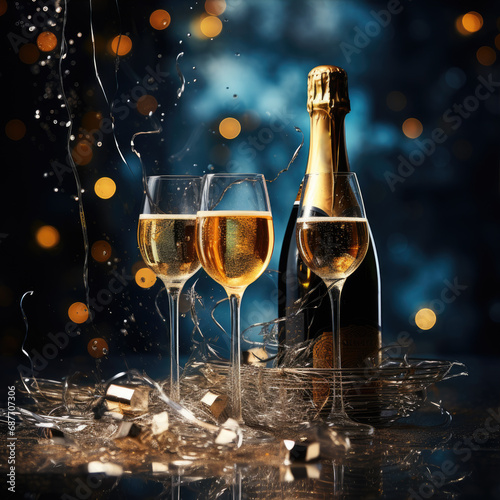Glasses of champagne on bright background with bokeh effect. illustration For New Year's Christmas, birthday AI technology