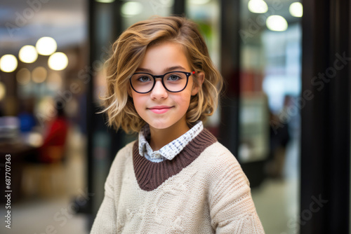 A young girl wearing glasses and a sweater looks at the camera