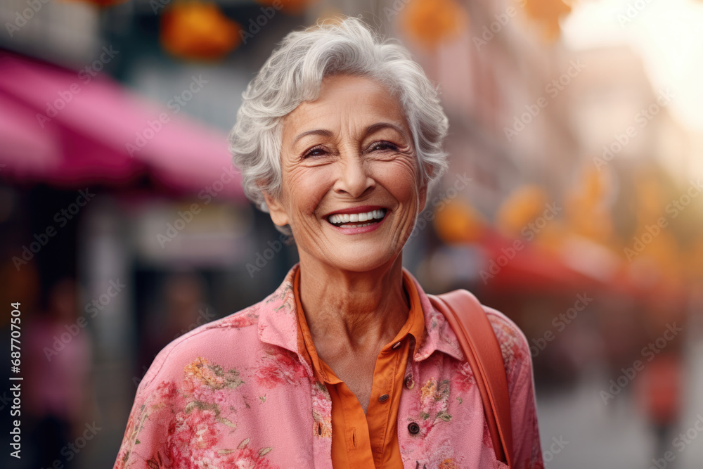 An older woman wearing a pink floral shirt is smiling
