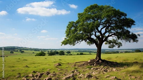  a tree in a field of grass with a sky in the background and a blue sky in the foreground.