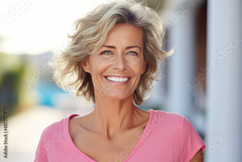 Free Download A woman in a pink shirt smiles for the camera - GFXLoad