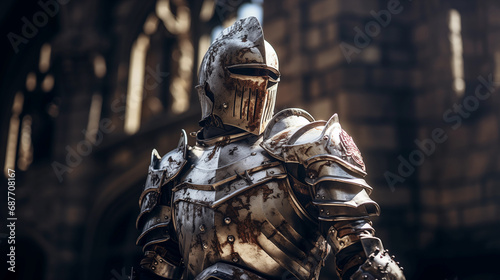 close-up of a medieval knight in armor with a castle backdrop photo