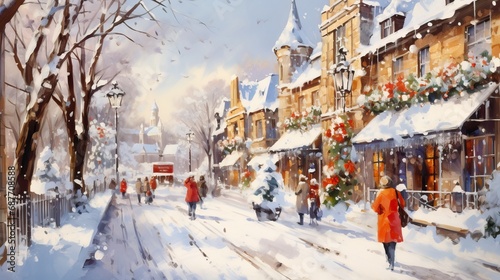 Christmas town village street at winter day, illustration © Ibad