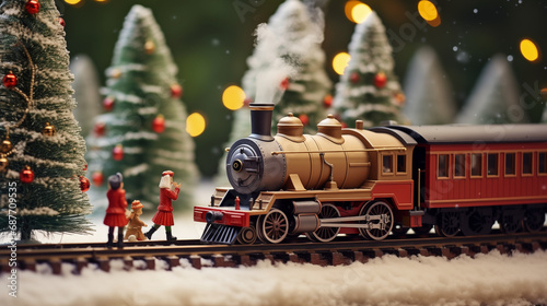miniature scenery miniature people with steam train and the snow in christmas  photo