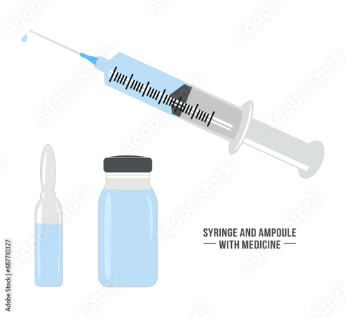 Syringe and ampoule with medicine. Syringe for injection with blue vaccine, ampoule, vial of medicine isolated on white background. Healthcare and medicine concept. Flat colored vector illustration