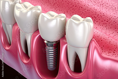 Educational model with post of dental implant between teeth and crowns photo