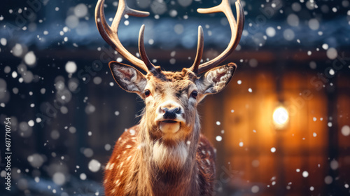 Deer in the forest during the snowfall. Christmas and New Year concept.