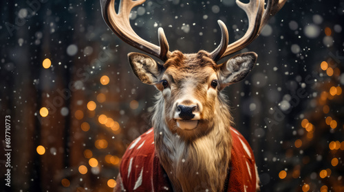 Deer in the forest during the snowfall. Christmas and New Year concept.