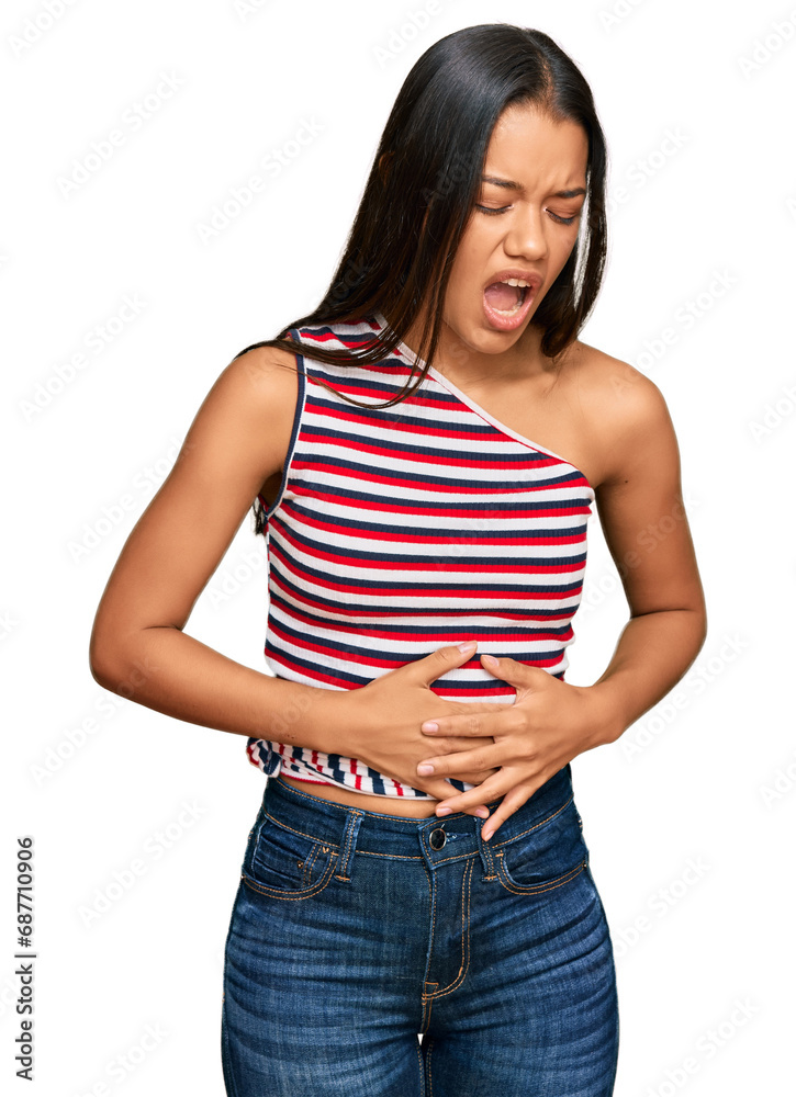 Fototapeta premium Beautiful hispanic woman wearing casual clothes with hand on stomach because nausea, painful disease feeling unwell. ache concept.