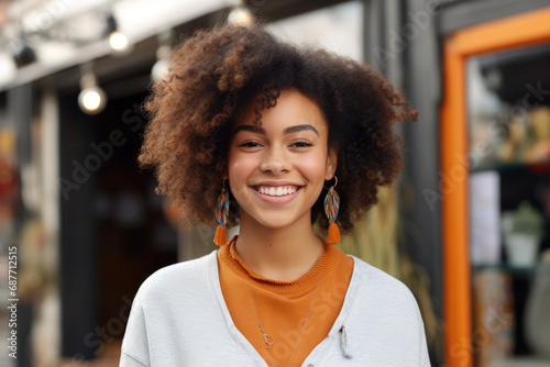 A woman with curly hair and earrings smiles for the camera