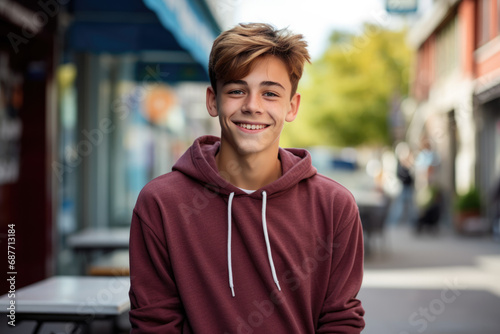 A young boy wearing a maroon hoodie smiles for the camera