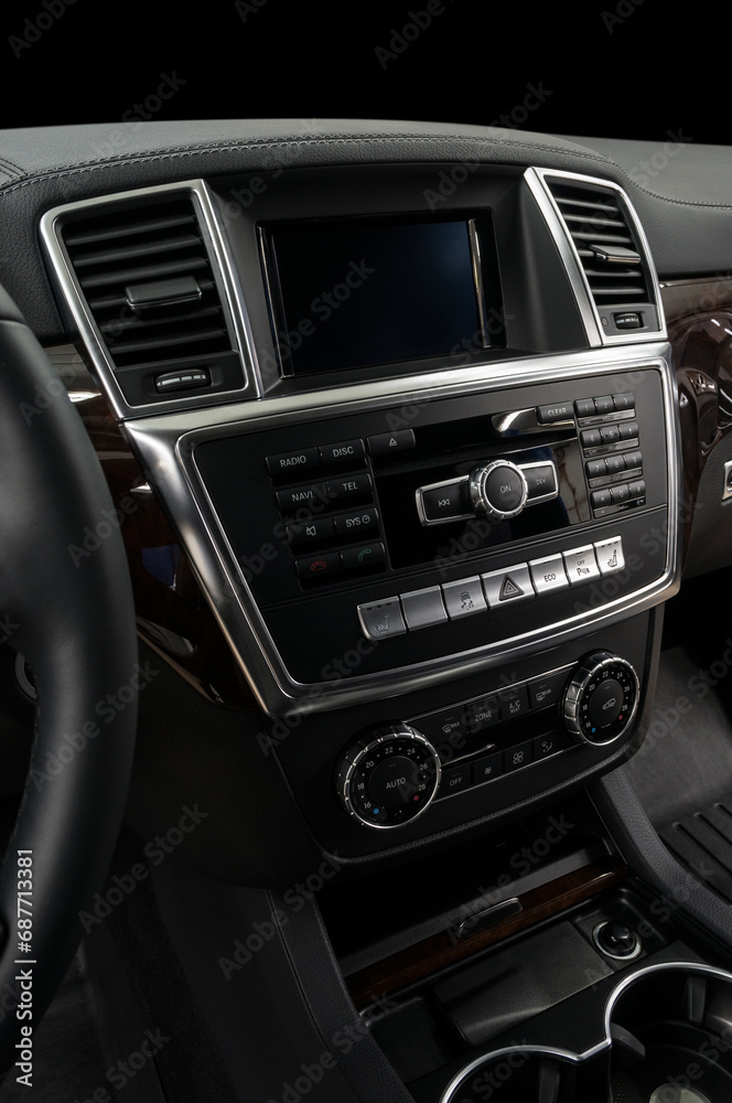 Modern car dashboard. Multimedia screen close-up. Interior detail.