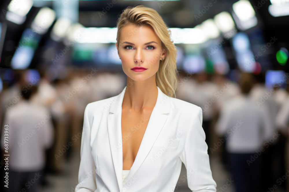 A woman in a white jacket with a plunging neckline A woman in a white jacket with a plunging neckline