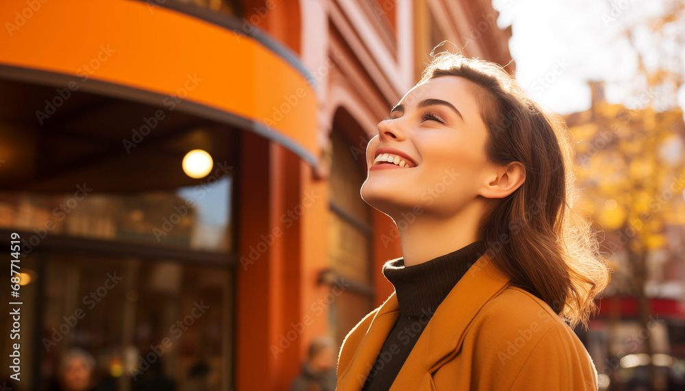 Mujer castaña sonriendo en exterior iluminada por el sol. Tonos cálidos ...