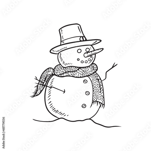 Beautiful snowman with hat and knitted scarf in black isolated on white background. Hand drawn vector sketch illustration in doodle vintage engraved style. Merry christmas, happy new year, winter.