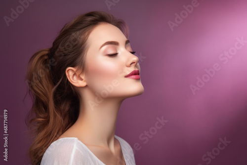 A woman with her eyes closed and her hair in a ponytail photo