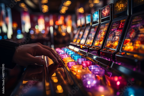 Slot Machine Thrills. Close-up of a person playing a slot machine in a casino