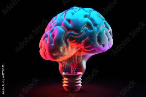 human brain colorful smoke fire light bulb, color dust, Kaleidoscopic, short and long term memory, Vivid Motley Neon 3D Rendering, Creative mind processing stimuli, brain's neurons fire, deep learning