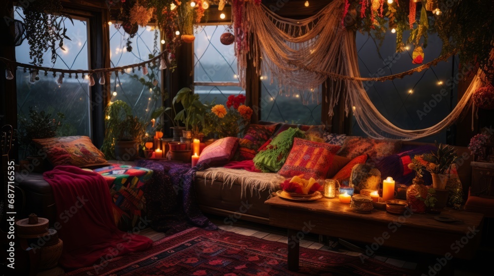 boho hippy living room decor, magical, fairy lights, candles, trendy, 16:9