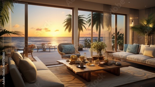 costal life interior design, photorealistic, high quality, livingroom, design golden hour, 16:9 © Christian
