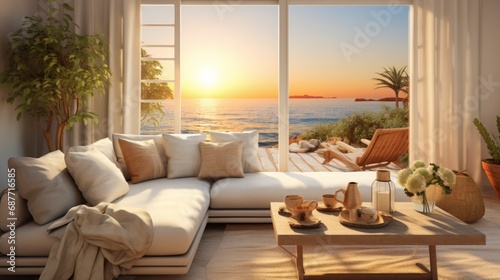 costal life interior design, photorealistic, high quality, livingroom, design golden hour, 16:9 © Christian