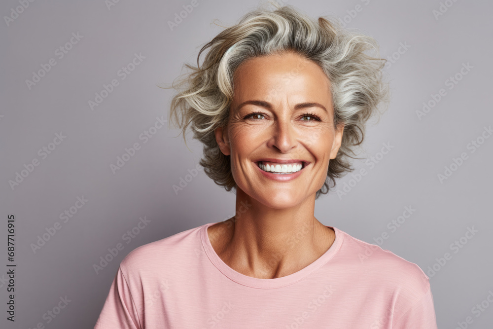 A woman with gray hair is smiling and wearing a pink shirt A woman with gray hair is smiling and wearing a pink shirt