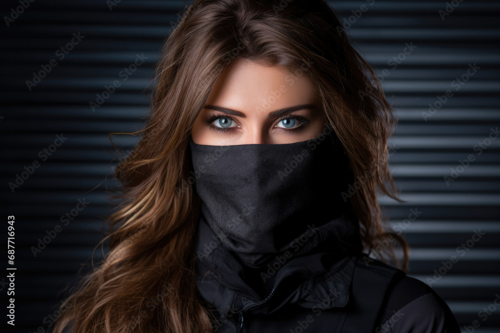 A woman with blue eyes is wearing a black face mask A woman with blue eyes is wearing a black face mask