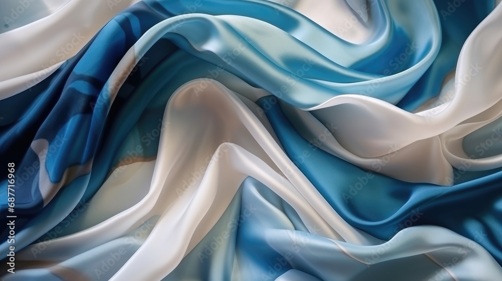 Obraz premium Turquoise Blue and White Elegant Silk Satin Luxury Bedsheet background backdrop gutai, layered mesh, curves, poured, wavy light abstract Sky wallpaper, bluetiful, cornflower, baby blue, Textile Fabric