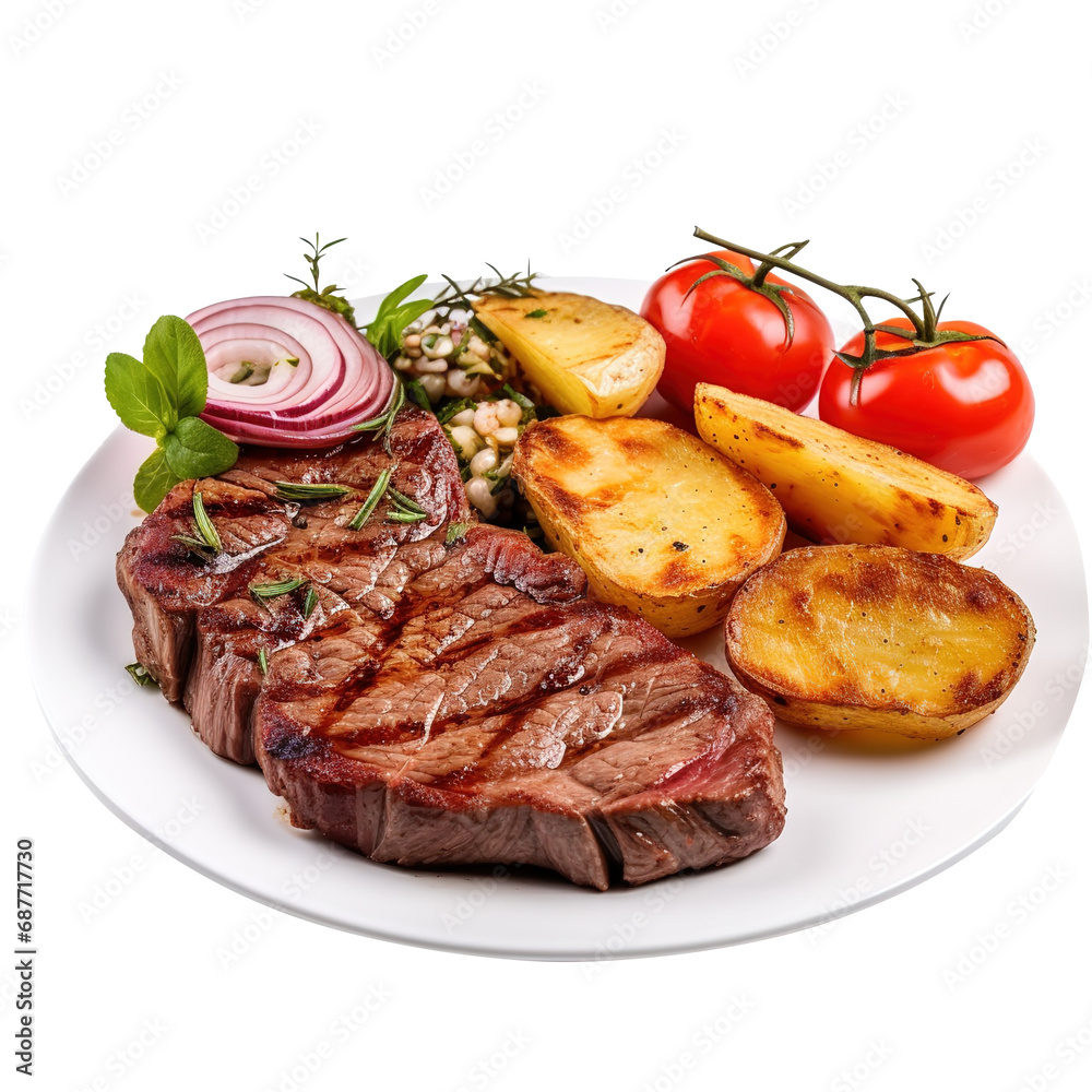 grilled meat steak tender juicy attractive with leaves, vegetables and potato, tomato, onion isolated on transparent background, clipping path, png file, grilled meat steak tender juicy attractive with leaves, vegetables and potato, tomato, onion isolated on transparent background, clipping path, png file,