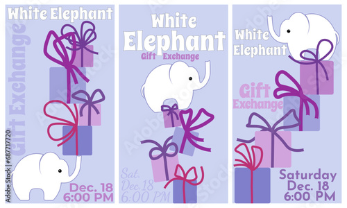 White elephant gift exchange card set, set of vertical card or flyer design for traditional holiday game