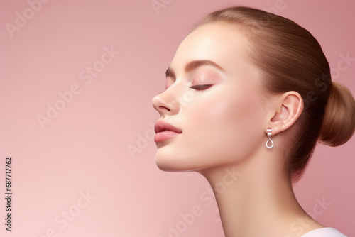 A woman wearing earrings has her eyes closed