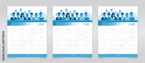 Wall calendar templates for 2024, 2025, and 2026 with weeks starting on Sunday, featuring a modern, flat artwork of business people against a cityscape, suitable for the corporate or business sector