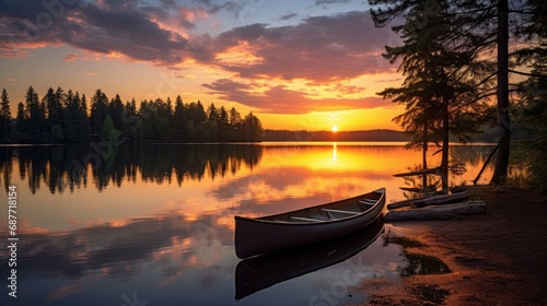 Fototapeta Naklejka Na Ścianę i Meble -  Serene lake sunset with a solitary canoe on the right, pine trees silhouette, and a vibrant reflection of the sun’s rays on the calm water.