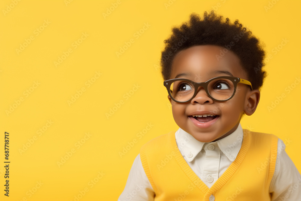 an 3 Year old nigerian kid wearing big eyeglasses, yellow solid pastel color background