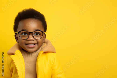 an 3 Year old nigerian kid wearing big eyeglasses, yellow solid pastel color background photo