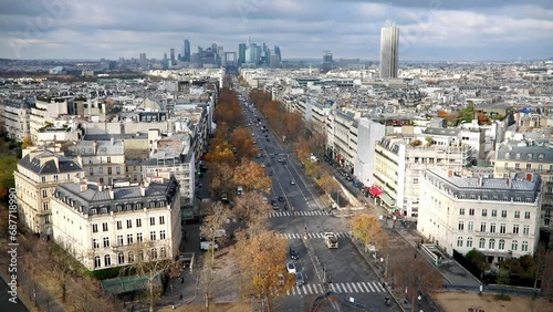 Aerial panoramic cityscape view of Paris, France with Avenue de la Grande Armee photo