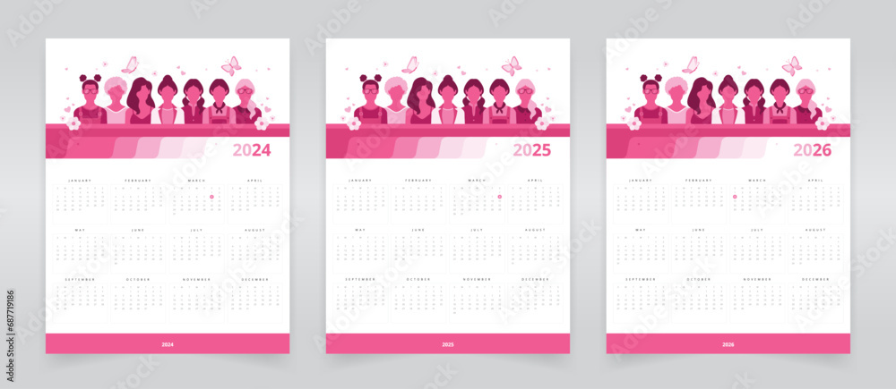 Wall calendar templates for 2024, 2025, and 2026 with weeks starting on Sunday, featuring women of all ages, ideal for organizations and events promoting women’s leadership and empowerment