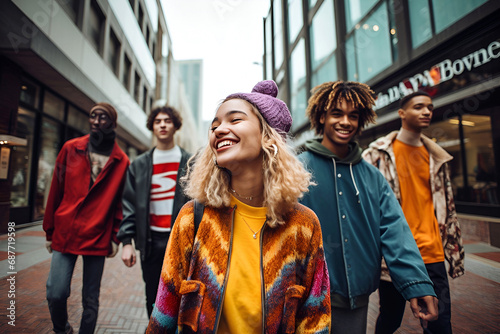 90s Street Style - A multicultural group of friends smiling and wearing 90s vintage clothes and walking together in the urban city
