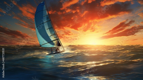 A windsurfer slicing through the water, the sail catching the wind against a wide, open sky