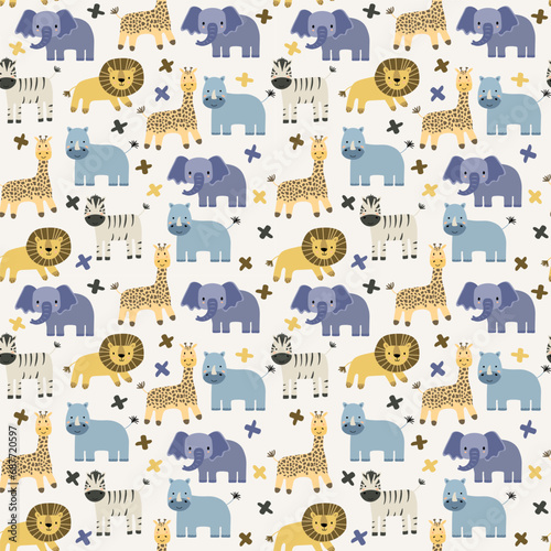 Vector seamless pattern with elephant  lion  giraffe  zebra  rhinoceros.Tropical jungle cartoon creatures.Pastel animals background.Cute natural pattern for fabric  childrens clothing wrapping paper.