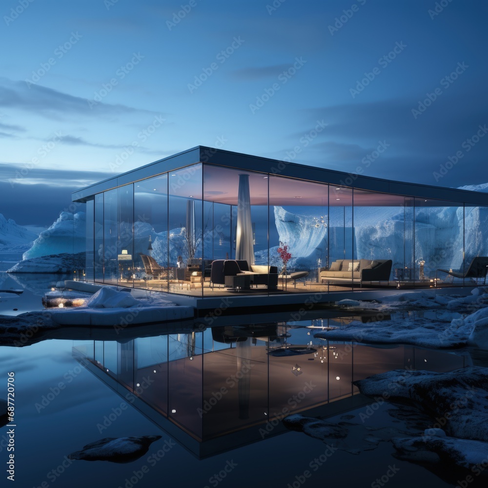 Naklejka premium A house of the future built in an iceberg in Anarctica. Future living: innovative house within antarctic iceberg - sustainable design and isolation in the frozen wilderness.
