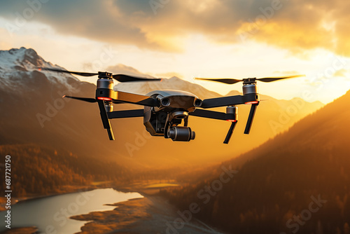 Drones in flight, capturing breathtaking aerial views, leaving room for innovation messages