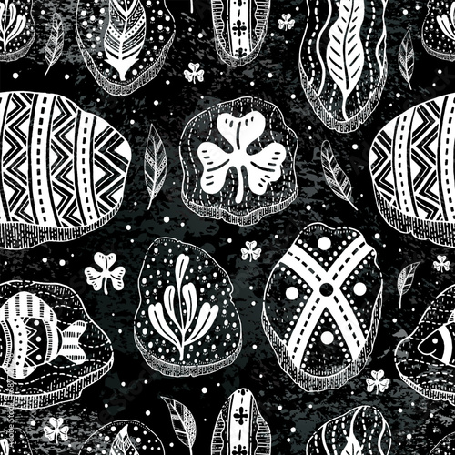 Stone amulets seamless pattern. Age cave pagan symbols background. Abstract painting rock. Viking ancient fossil footprint. Chalk board art. Sketch hand drawn pattern. Mythology stones on chalkboard