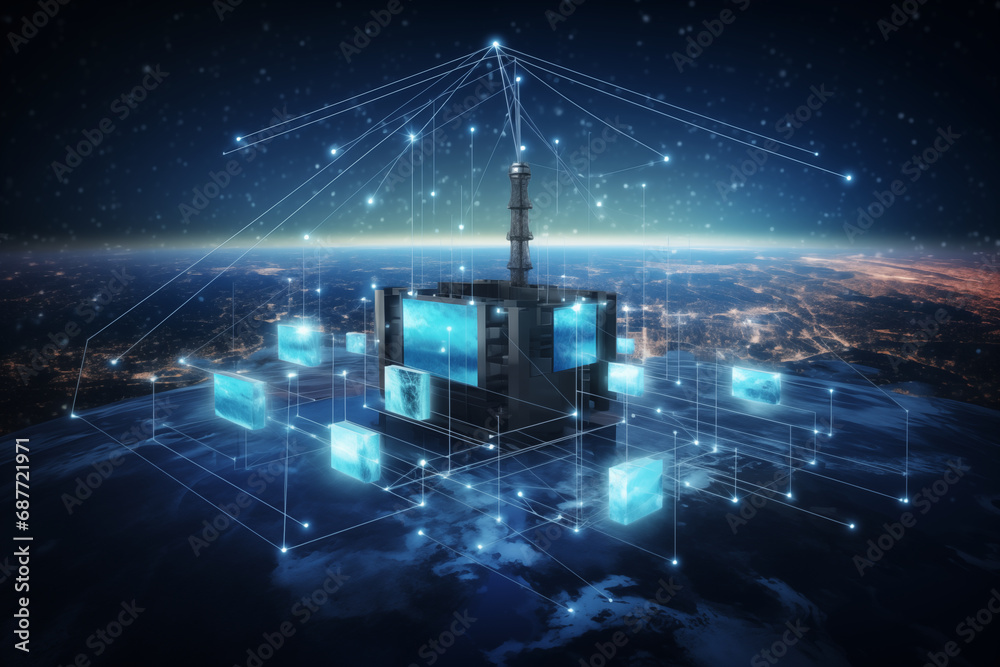 Fototapeta premium Advanced communication networks (5G, satellite communication), leaving room for messages on connectivity