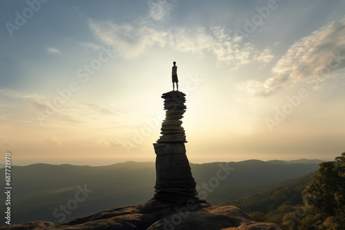 Headstand (Sirsasana) on a cliff edge, depicting balance and focus, with space for messages on mindfulness