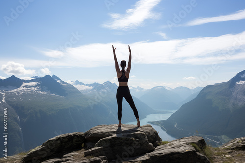 Standing Backbend (Anuvittasana) on a mountaintop, showing openness and vitality, with space for messages on renewal