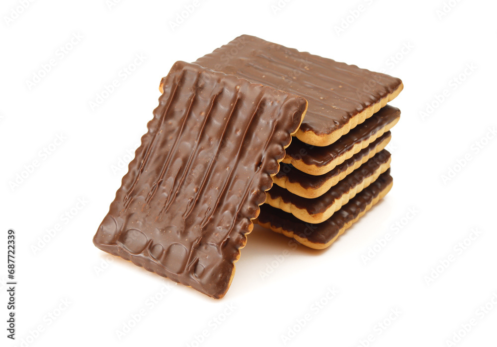 Stack of chocolate dipped square shape biscuits isolated on white background Stack of chocolate dipped square shape biscuits isolated on white background